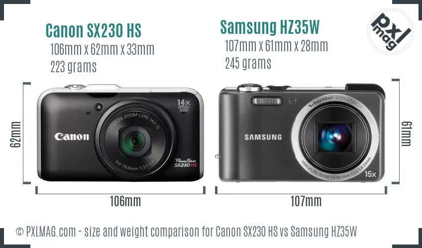Canon SX230 HS vs Samsung HZ35W size comparison