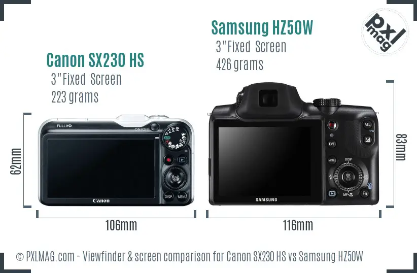Canon SX230 HS vs Samsung HZ50W Screen and Viewfinder comparison