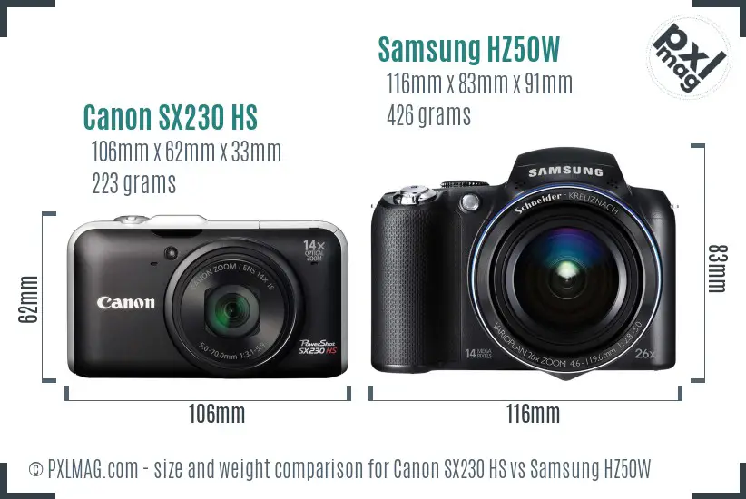 Canon SX230 HS vs Samsung HZ50W size comparison