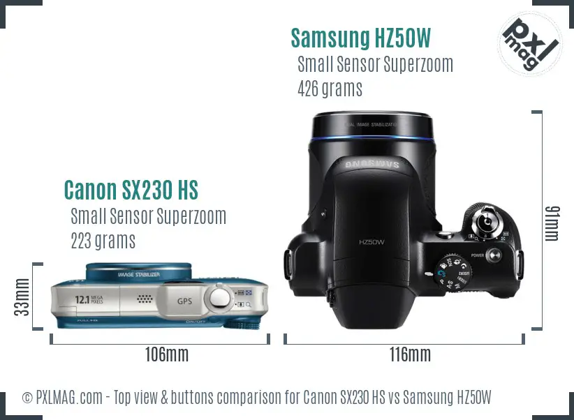 Canon SX230 HS vs Samsung HZ50W top view buttons comparison