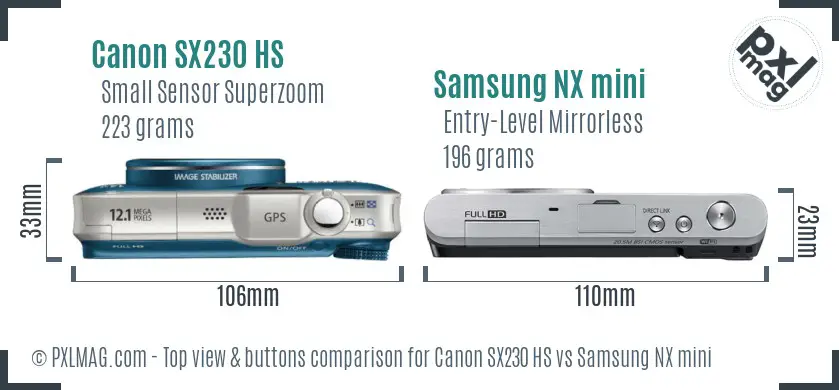 Canon SX230 HS vs Samsung NX mini top view buttons comparison