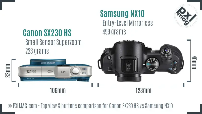 Canon SX230 HS vs Samsung NX10 top view buttons comparison Canon SX230 HS vs Samsung NX10 top view buttons comparison
