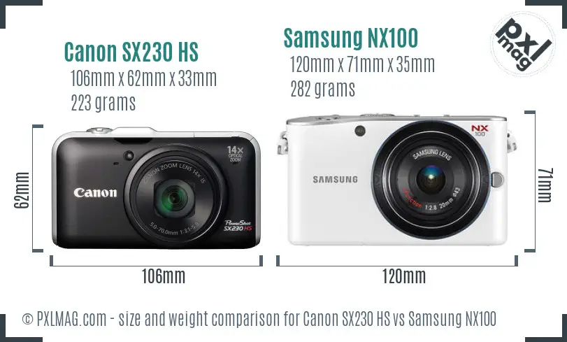 Canon SX230 HS vs Samsung NX100 size comparison