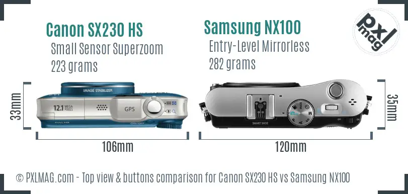 Canon SX230 HS vs Samsung NX100 top view buttons comparison