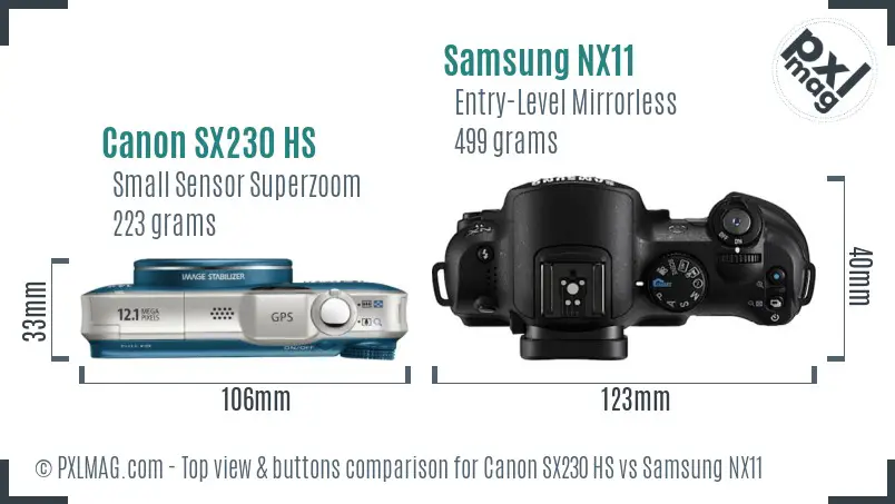 Canon SX230 HS vs Samsung NX11 top view buttons comparison