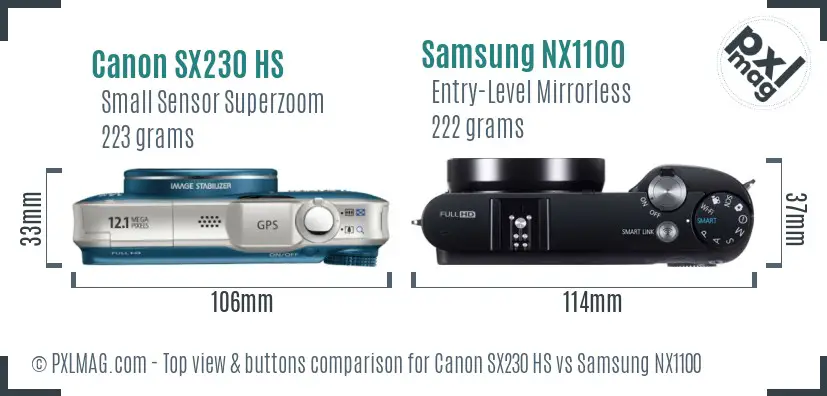 Canon SX230 HS vs Samsung NX1100 top view buttons comparison Canon SX230 HS vs Samsung NX1100 top view buttons comparison