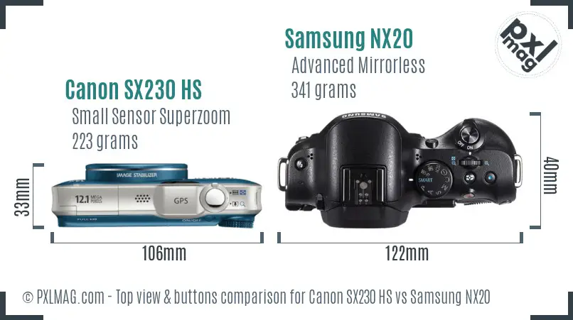 Top view design and control layout of Canon SX230 HS vs Samsung NX20