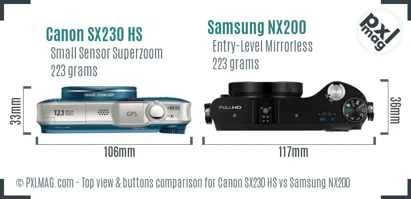 Canon SX230 HS vs Samsung NX200 top view buttons comparison Canon SX230 HS vs Samsung NX200 top view buttons comparison