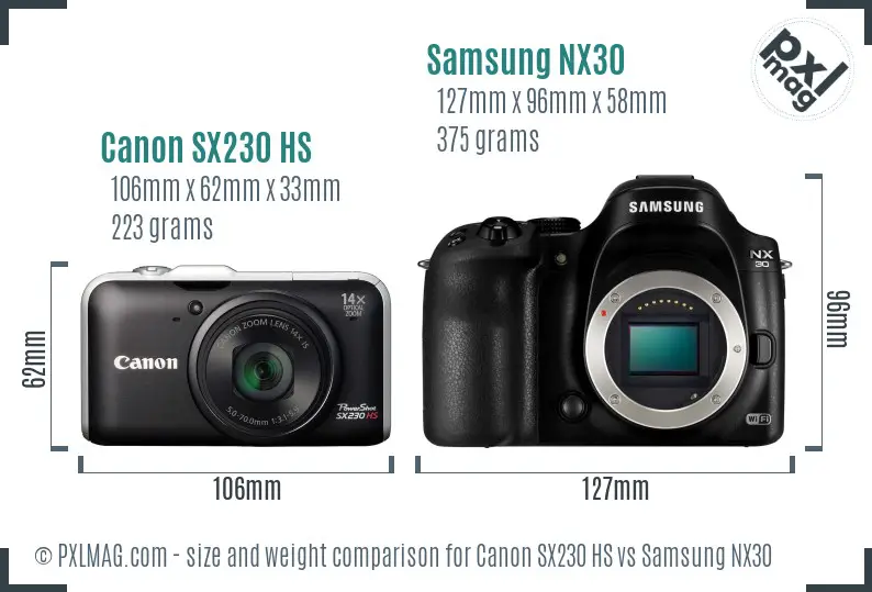 Canon SX230 HS vs Samsung NX30 size comparison