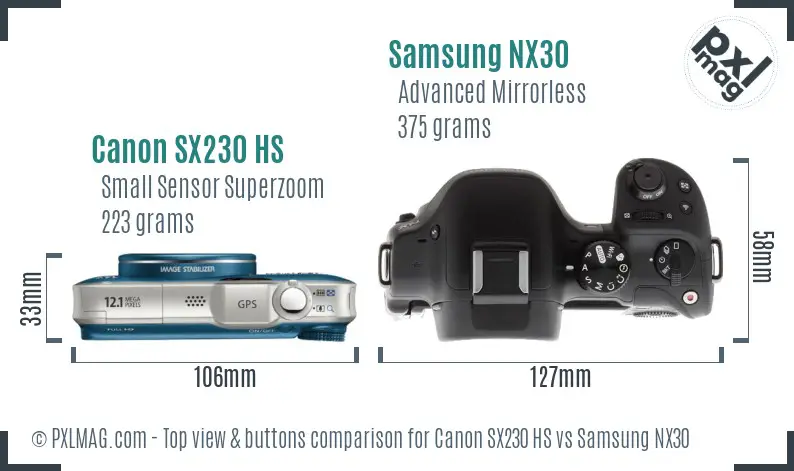 Canon SX230 HS vs Samsung NX30 top view buttons comparison