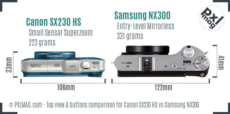 Canon SX230 HS vs Samsung NX300 top view buttons comparison Canon SX230 HS vs Samsung NX300 top view buttons comparison