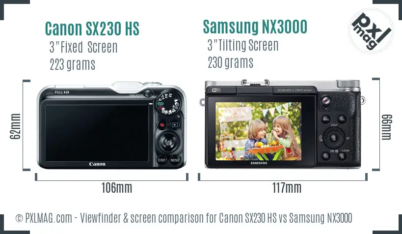 Canon SX230 HS vs Samsung NX3000 Screen and Viewfinder comparison