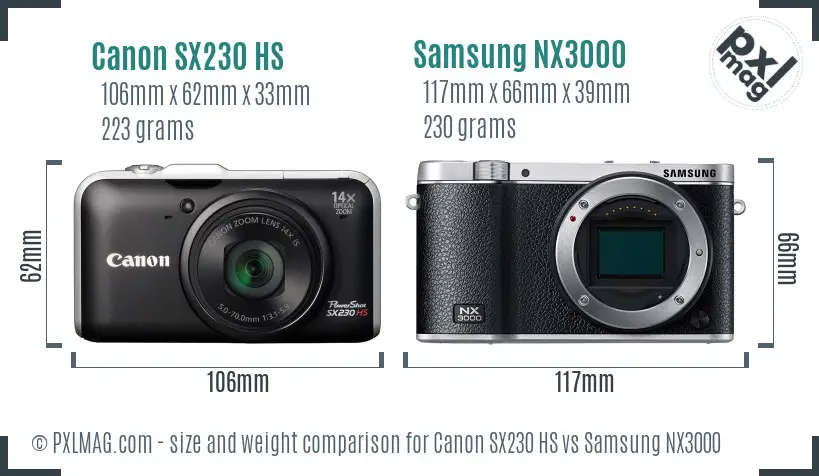 Canon SX230 HS vs Samsung NX3000 size comparison