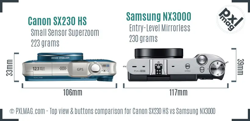 Canon SX230 HS vs Samsung NX3000 top view buttons comparison