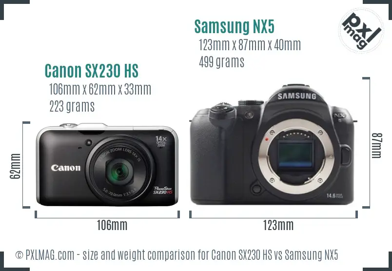 Canon SX230 HS vs Samsung NX5 size comparison