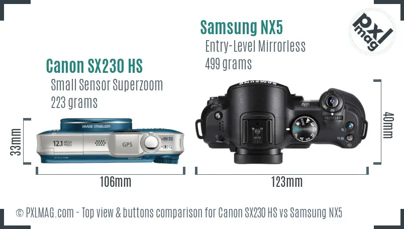 Canon SX230 HS vs Samsung NX5 top view buttons comparison