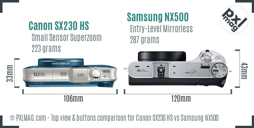Canon SX230 HS vs Samsung NX500 top view buttons comparison Canon SX230 HS vs Samsung NX500 top view buttons comparison