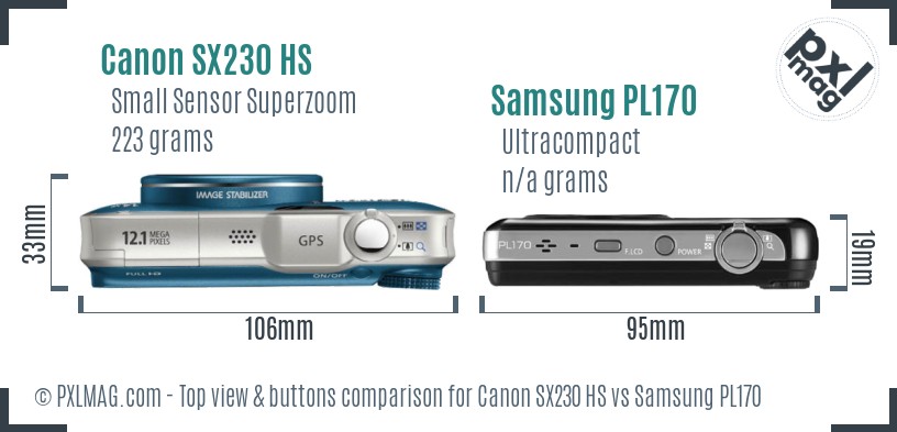 Canon SX230 HS vs Samsung PL170 top view buttons comparison