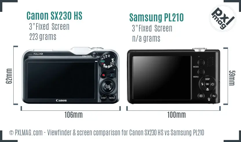 Canon SX230 HS vs Samsung PL210 Screen and Viewfinder comparison