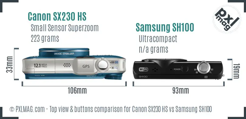 Canon SX230 HS vs Samsung SH100 top view buttons comparison Canon SX230 HS vs Samsung SH100 top view buttons comparison
