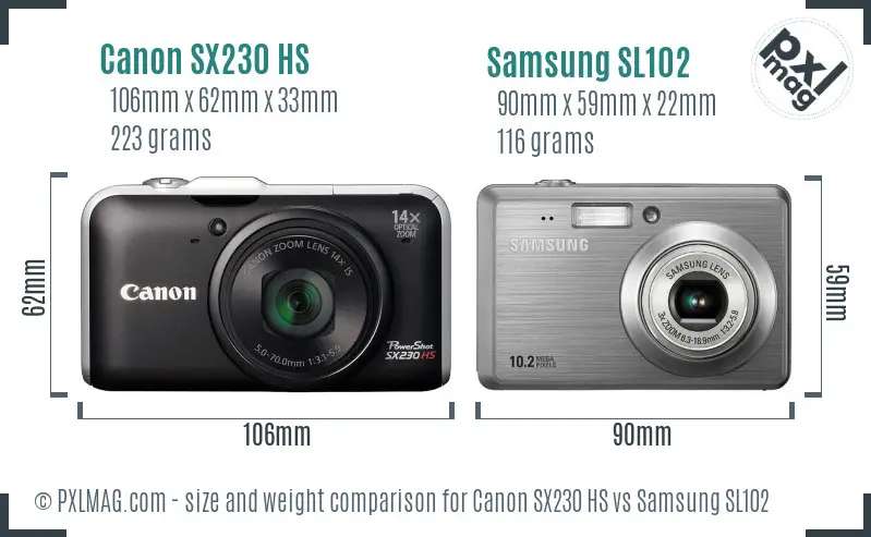 Canon SX230 HS vs Samsung SL102 size comparison