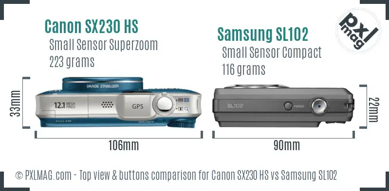 Canon SX230 HS vs Samsung SL102 top view buttons comparison