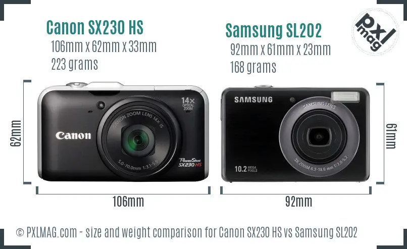 Canon SX230 HS vs Samsung SL202 size comparison