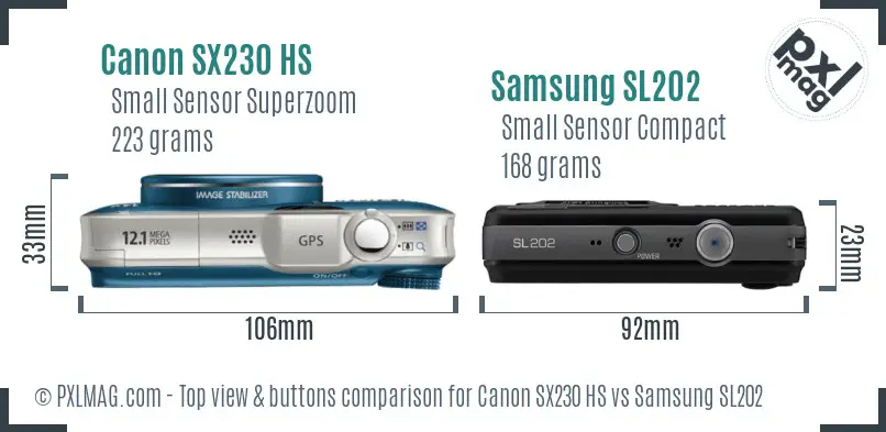 Canon SX230 HS vs Samsung SL202 top view buttons comparison