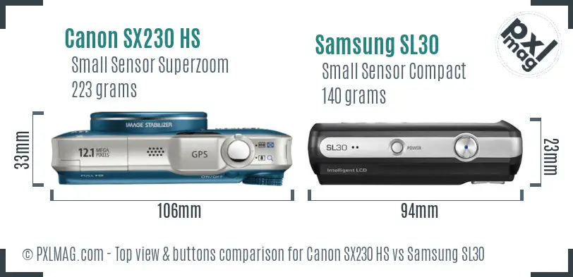 Canon SX230 HS vs Samsung SL30 top view buttons comparison