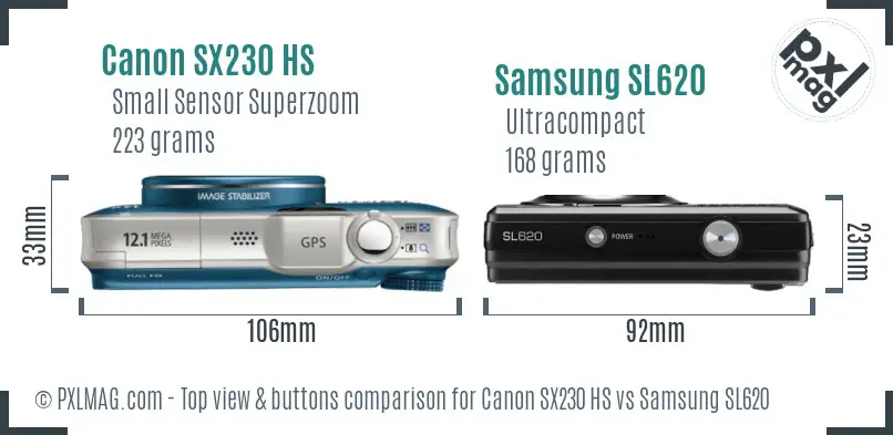 Canon SX230 HS vs Samsung SL620 top view buttons comparison