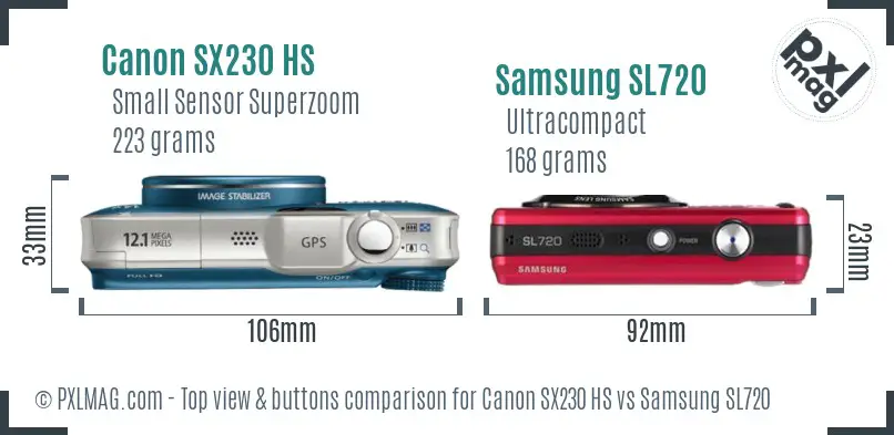 Canon SX230 HS vs Samsung SL720 top view buttons comparison