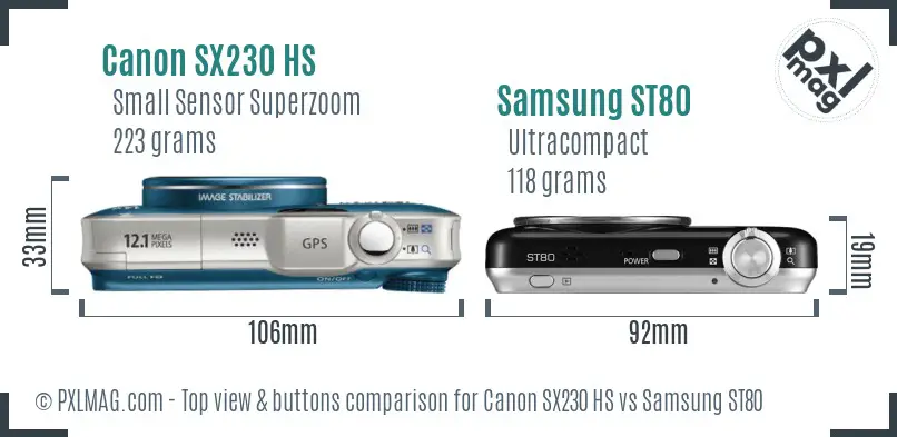 Canon SX230 HS vs Samsung ST80 top view buttons comparison Canon SX230 HS vs Samsung ST80 top view buttons comparison