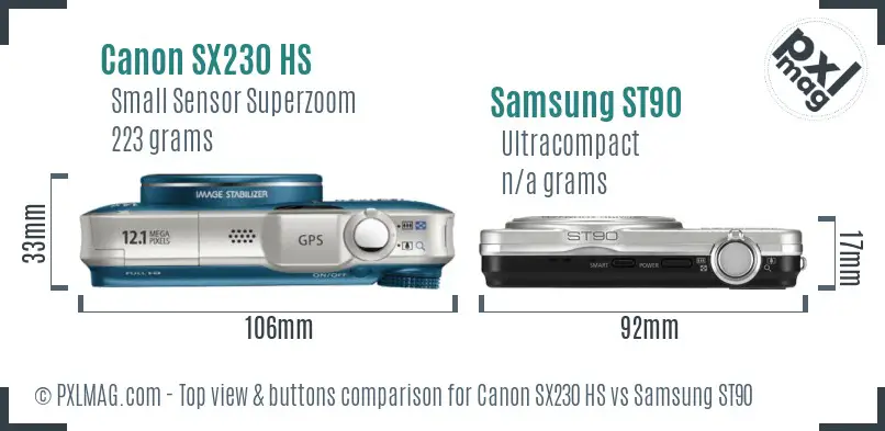Canon SX230 HS vs Samsung ST90 top view buttons comparison
