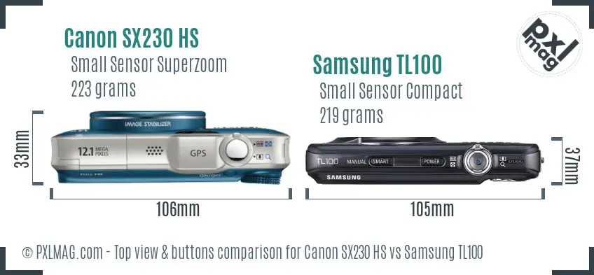 Canon SX230 HS vs Samsung TL100 top view buttons comparison