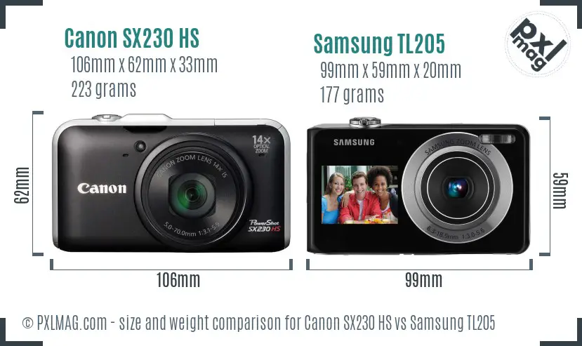 Canon SX230 HS vs Samsung TL205 size comparison