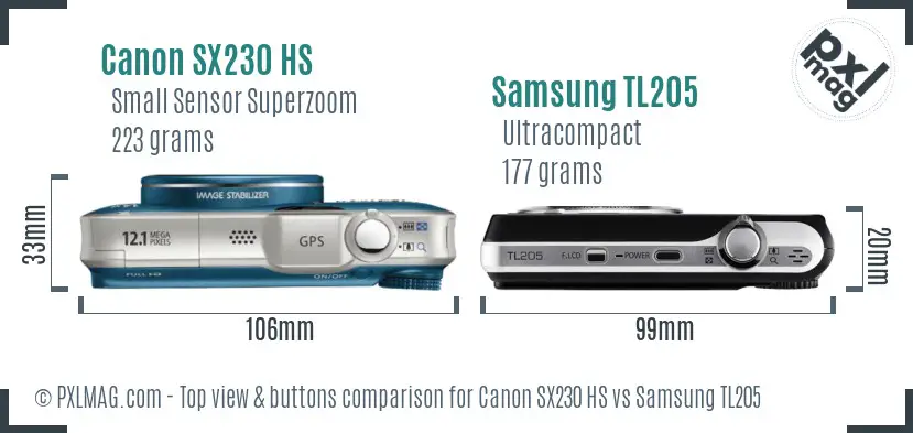 Canon SX230 HS vs Samsung TL205 top view buttons comparison