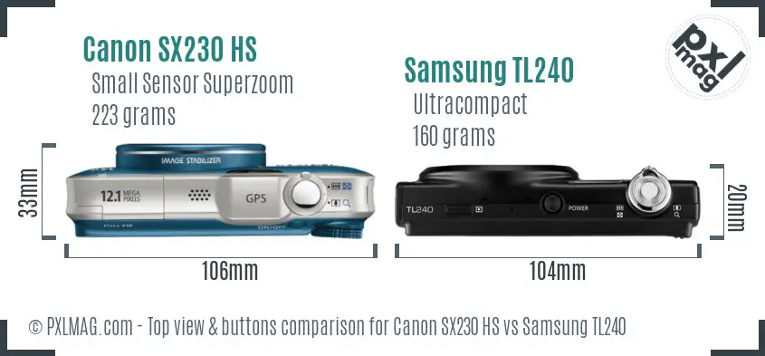 Canon SX230 HS vs Samsung TL240 top view buttons comparison Canon SX230 HS vs Samsung TL240 top view buttons comparison