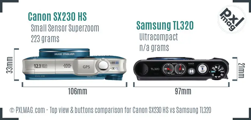 Canon SX230 HS vs Samsung TL320 top view buttons comparison