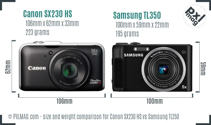 Canon SX230 HS vs Samsung TL350 size comparison