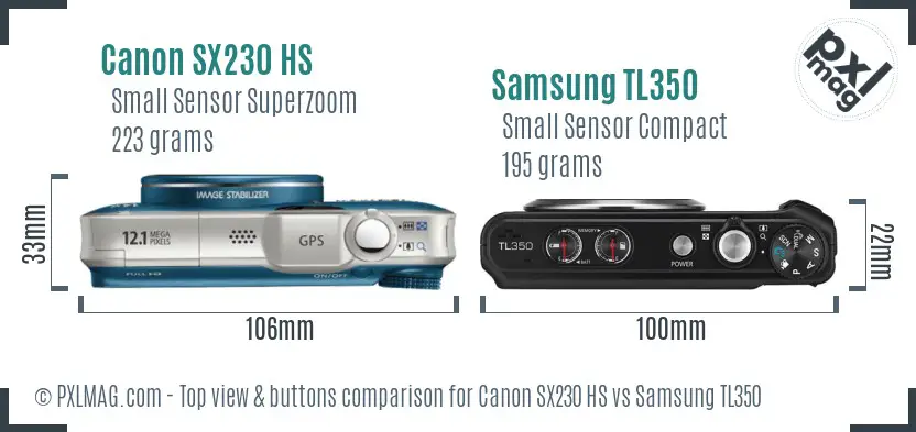 Canon SX230 HS vs Samsung TL350 top view buttons comparison