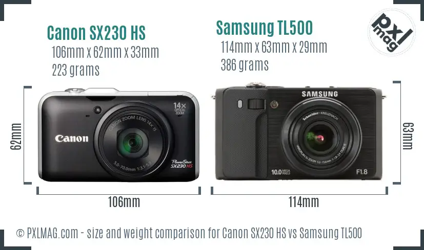 Canon SX230 HS vs Samsung TL500 size comparison
