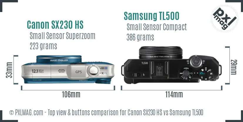 Canon SX230 HS vs Samsung TL500 top view buttons comparison