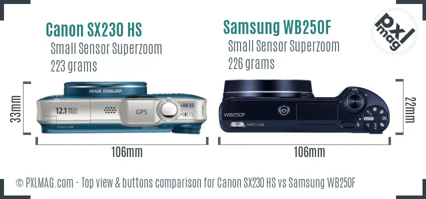 Canon SX230 HS vs Samsung WB250F top view buttons comparison