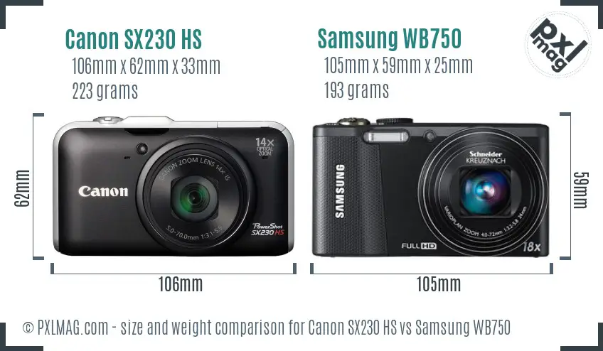 Canon SX230 HS vs Samsung WB750 size comparison