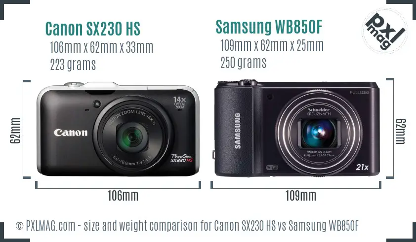 Canon SX230 HS vs Samsung WB850F size comparison