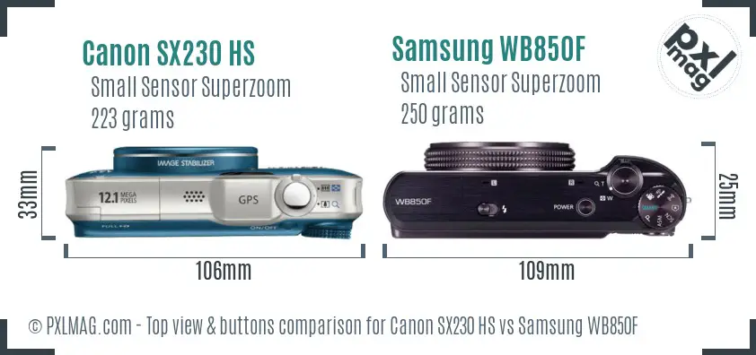 Canon SX230 HS vs Samsung WB850F top view buttons comparison