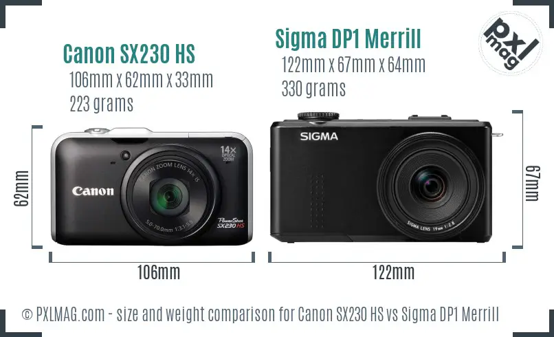Canon SX230 HS vs Sigma DP1 Merrill size comparison