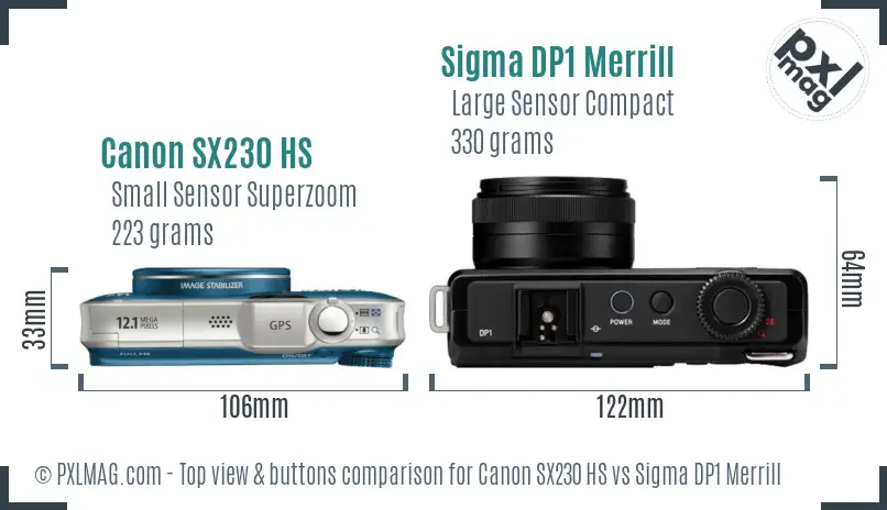 Canon SX230 HS vs Sigma DP1 Merrill top view buttons comparison
