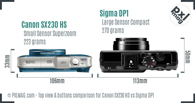 Canon SX230 HS vs Sigma DP1 top view buttons comparison