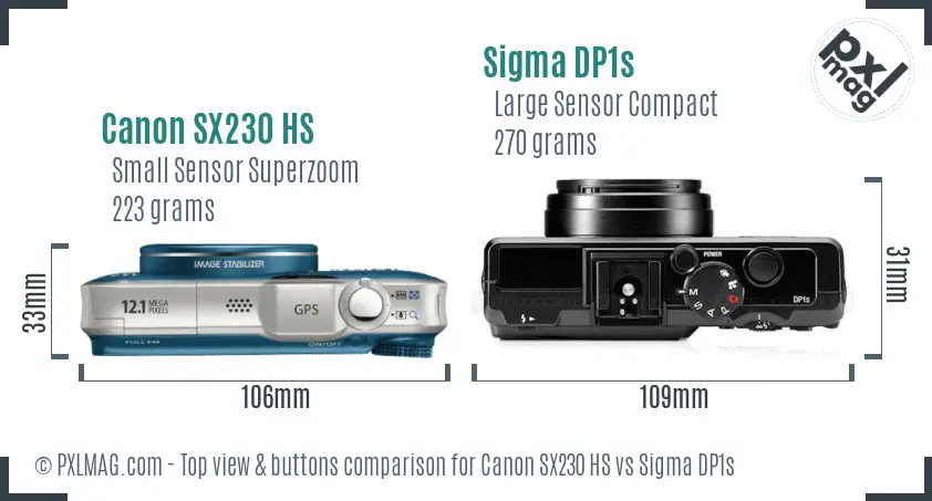 Canon SX230 HS vs Sigma DP1s top view buttons comparison